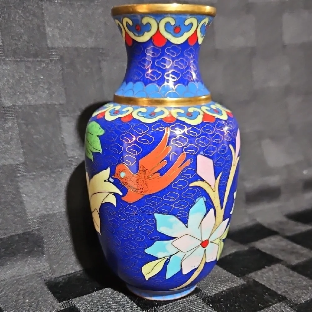 Vtg Chinese Cloisonne Enamel Cobalt Blue Pink Peony Red Bird Floral Vase